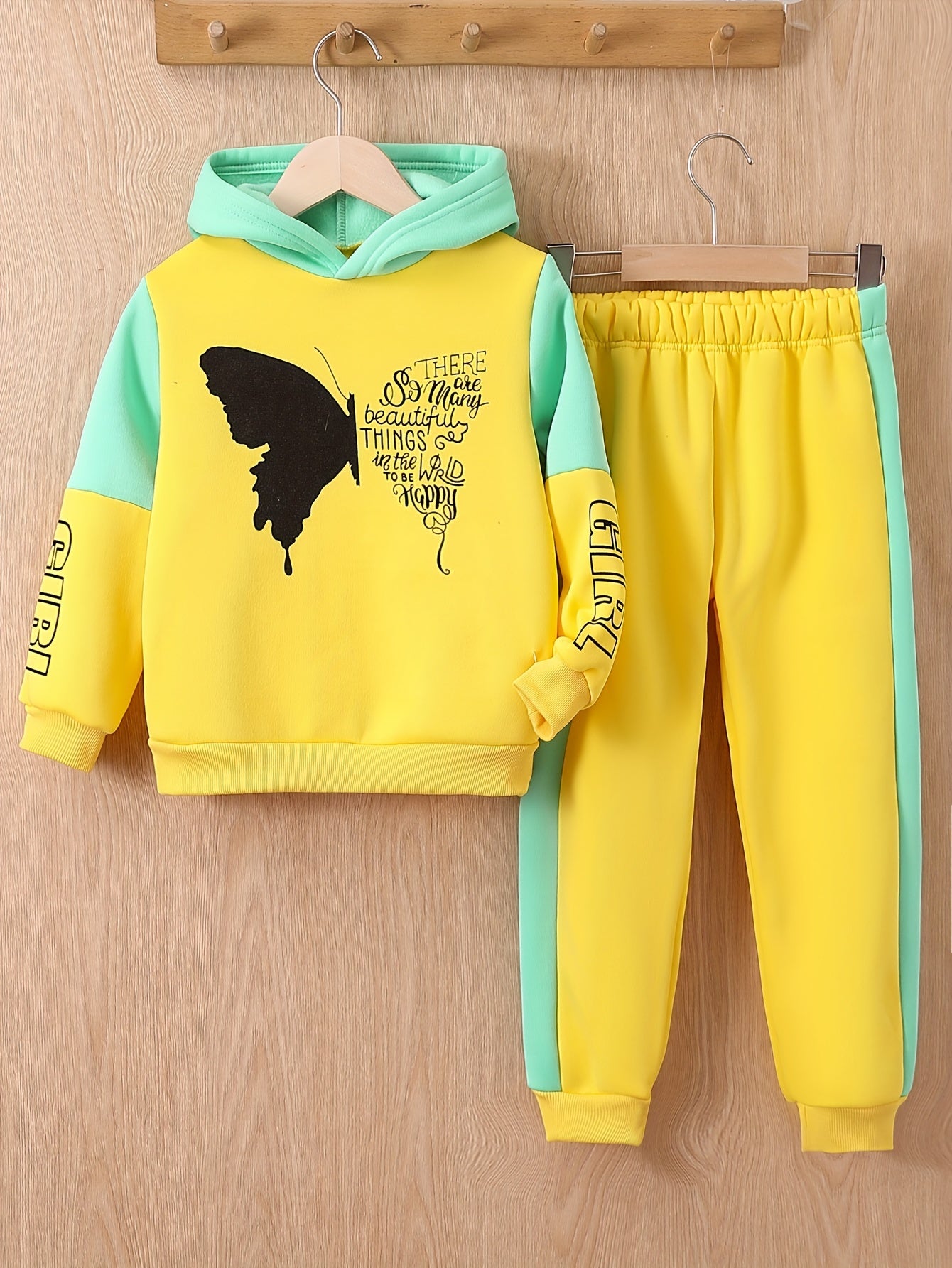 Girls 2-pcs Butterfly Print Fleece Hooded Sweatshirt For 4-12 Years Old,