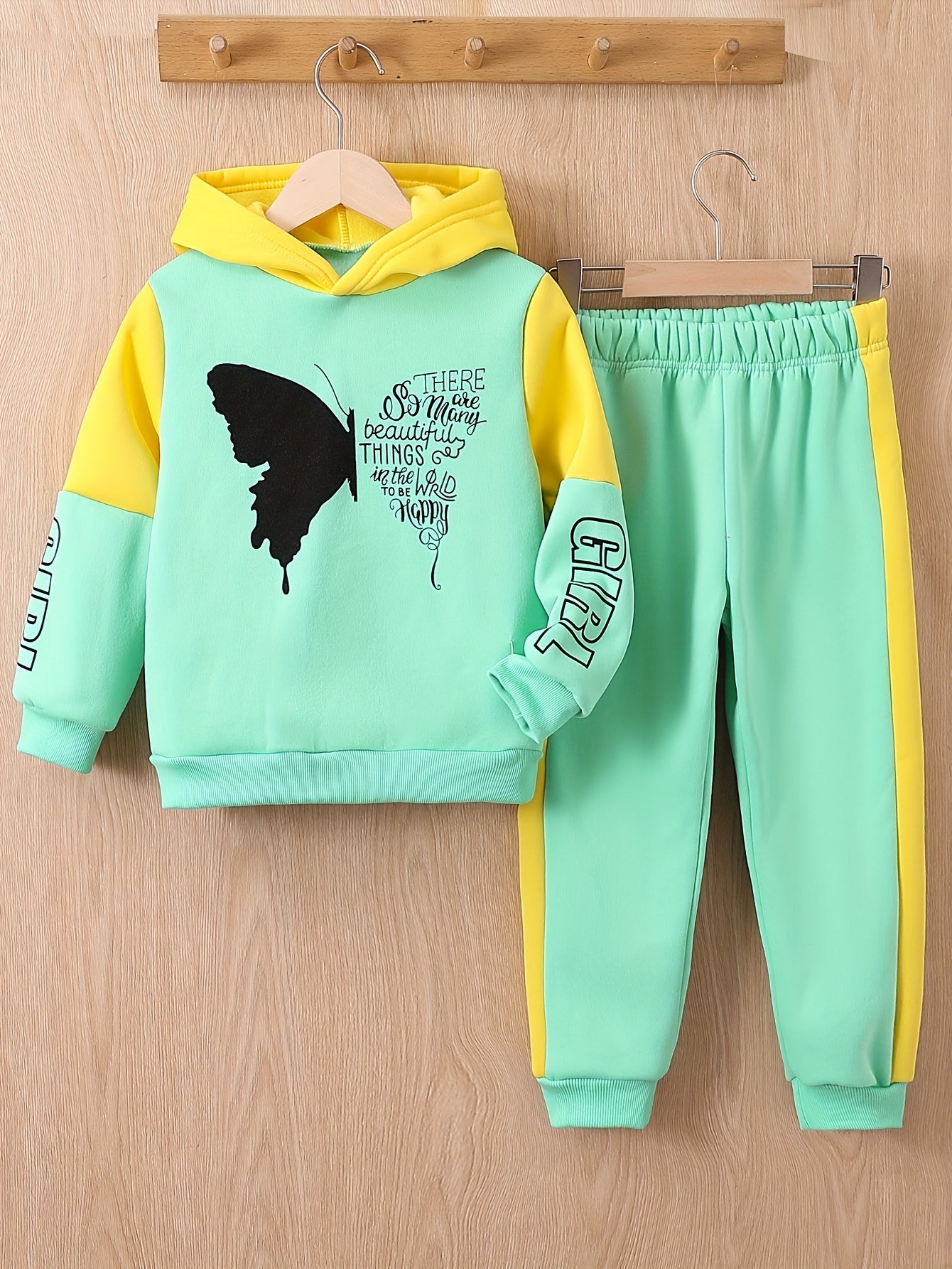 Girls 2-pcs Butterfly Print Fleece Hooded Sweatshirt For 4-12 Years Old,