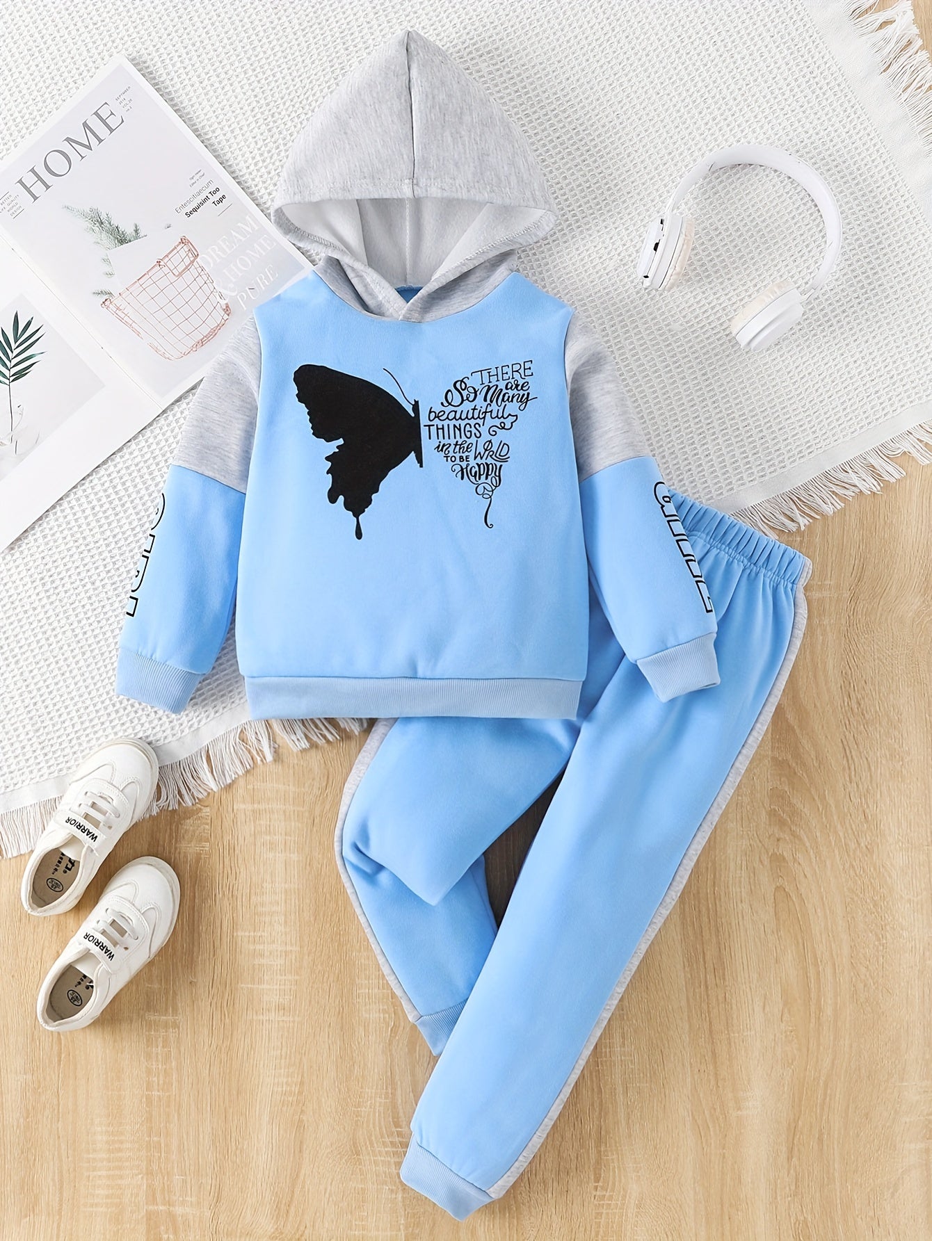 Girls 2-pcs Butterfly Print Fleece Hooded Sweatshirt For 4-12 Years Old,