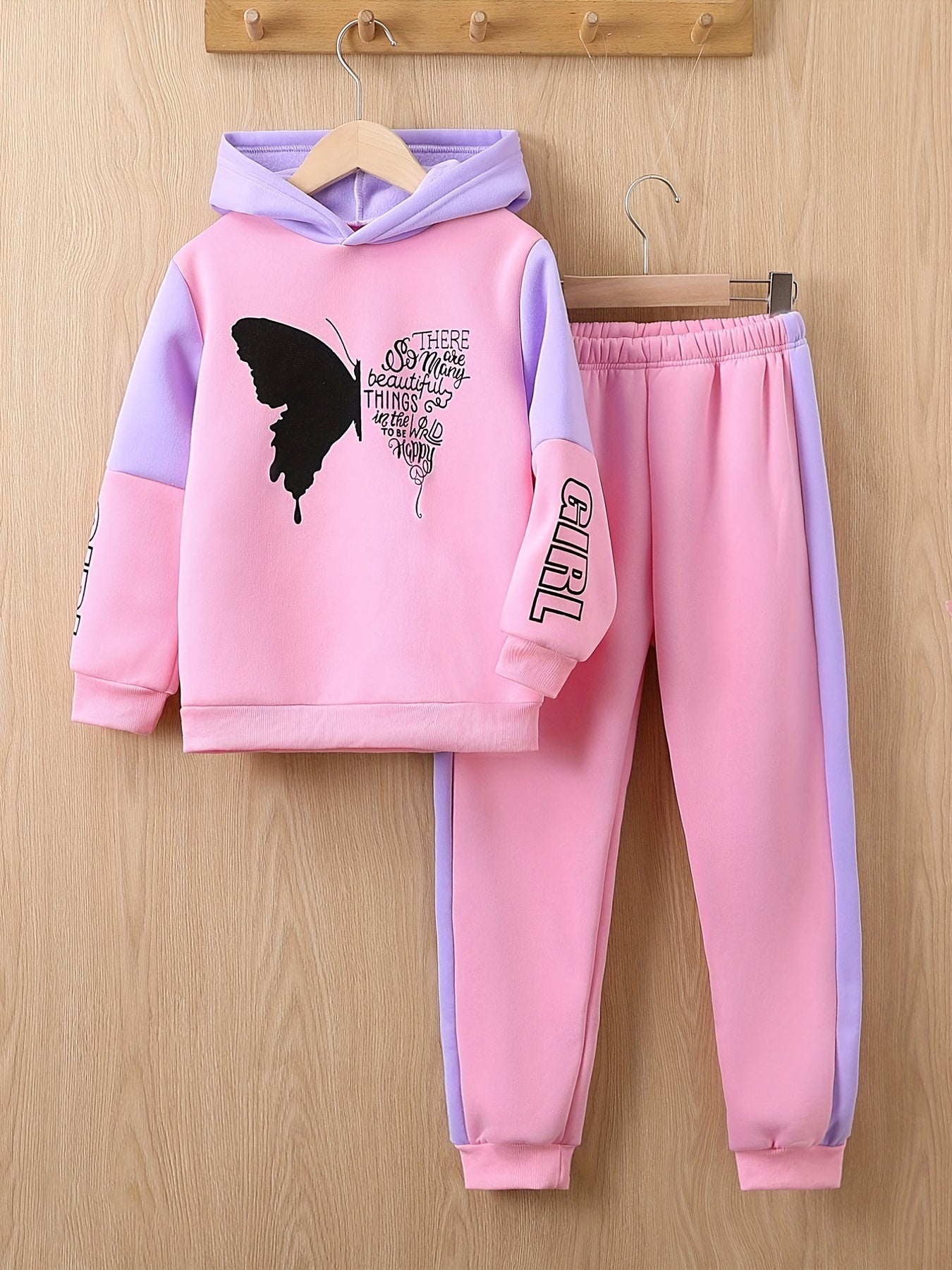 Girls 2-pcs Butterfly Print Fleece Hooded Sweatshirt For 4-12 Years Old,