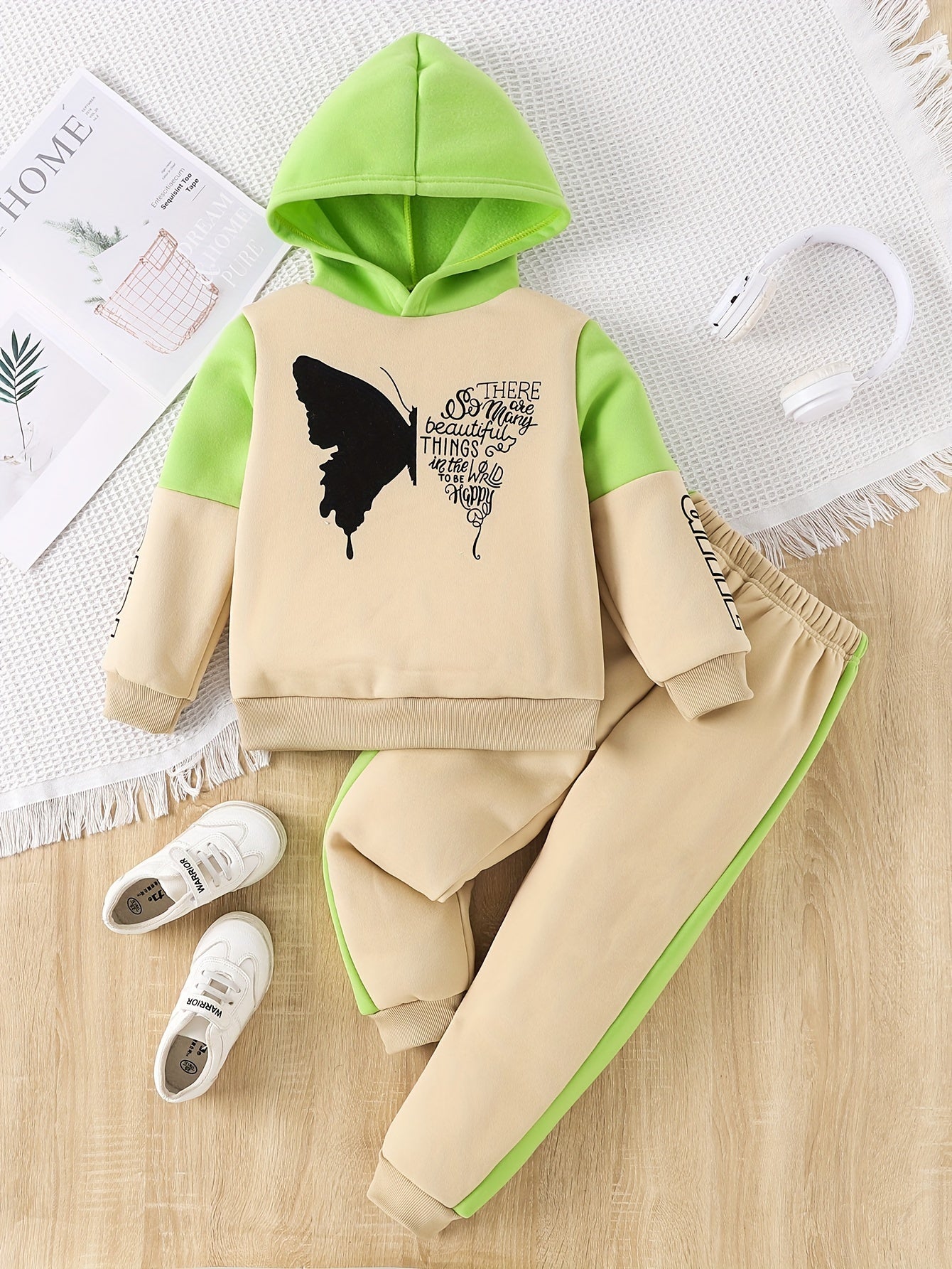 Girls 2-pcs Butterfly Print Fleece Hooded Sweatshirt For 4-12 Years Old,