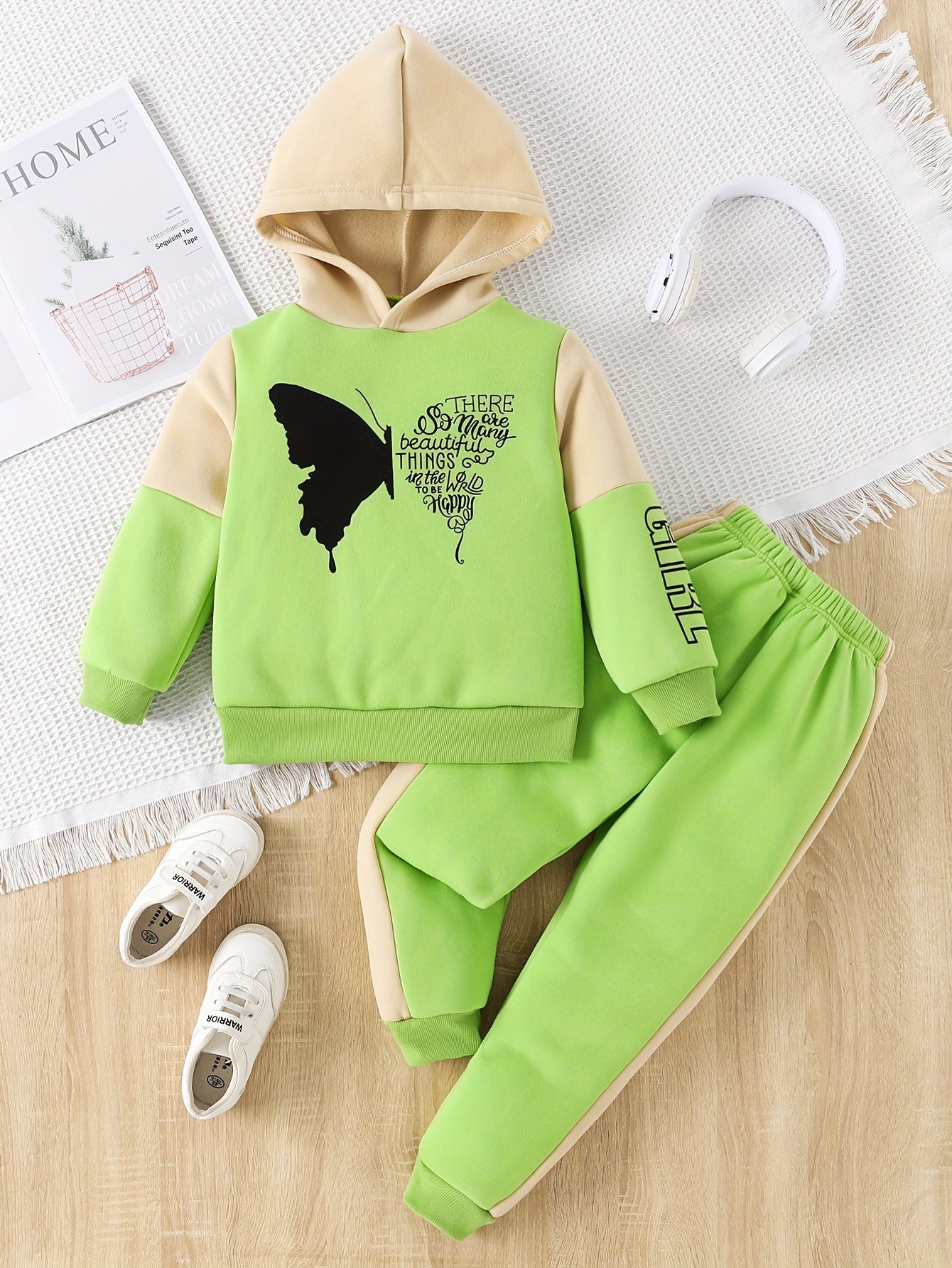 Girls 2-pcs Butterfly Print Fleece Hooded Sweatshirt For 4-12 Years Old,