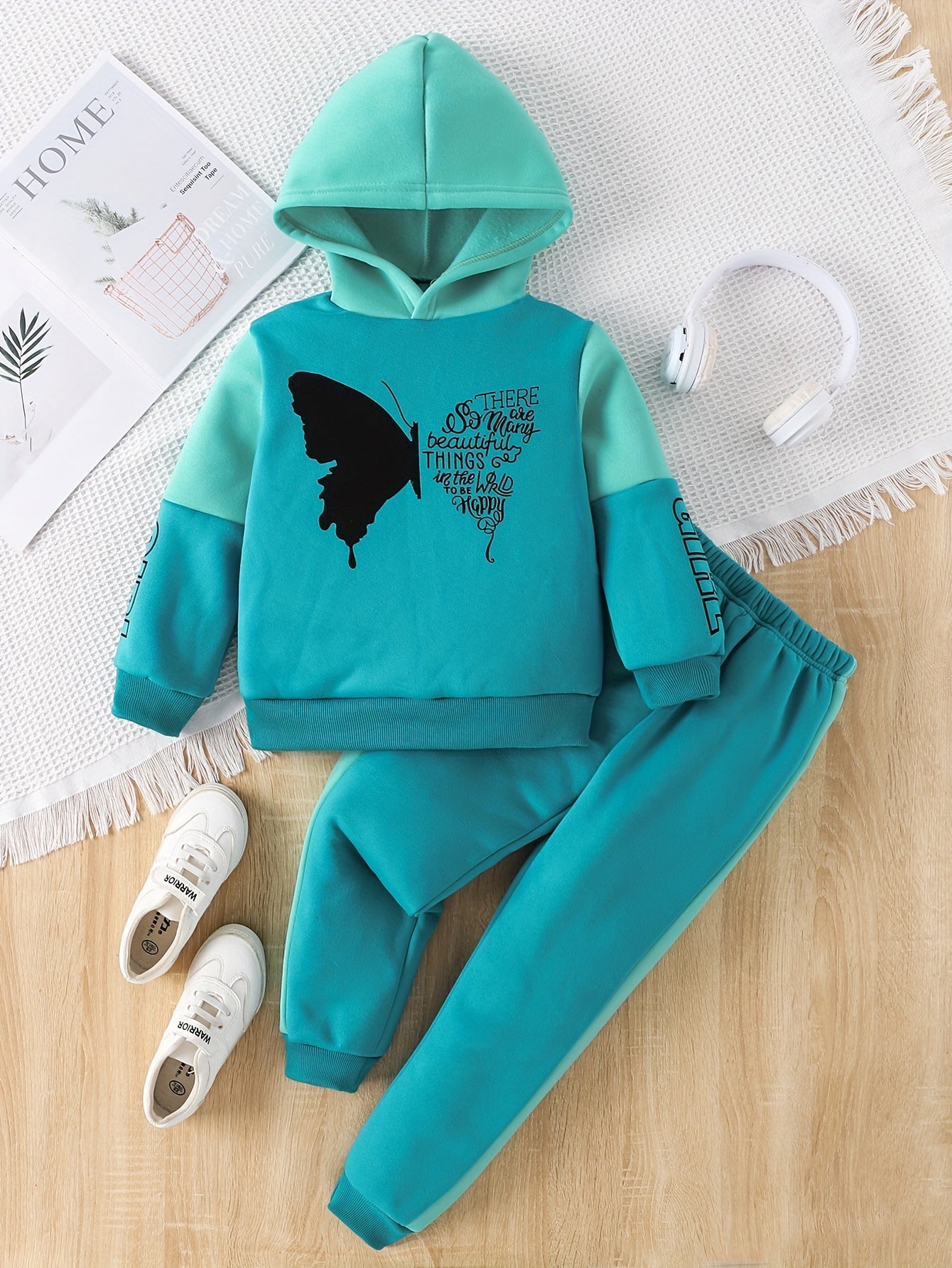 Girls 2-pcs Butterfly Print Fleece Hooded Sweatshirt For 4-12 Years Old,