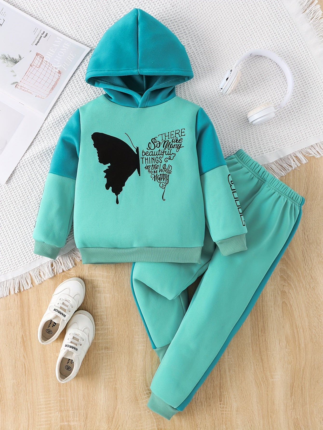 Girls 2-pcs Butterfly Print Fleece Hooded Sweatshirt For 4-12 Years Old,
