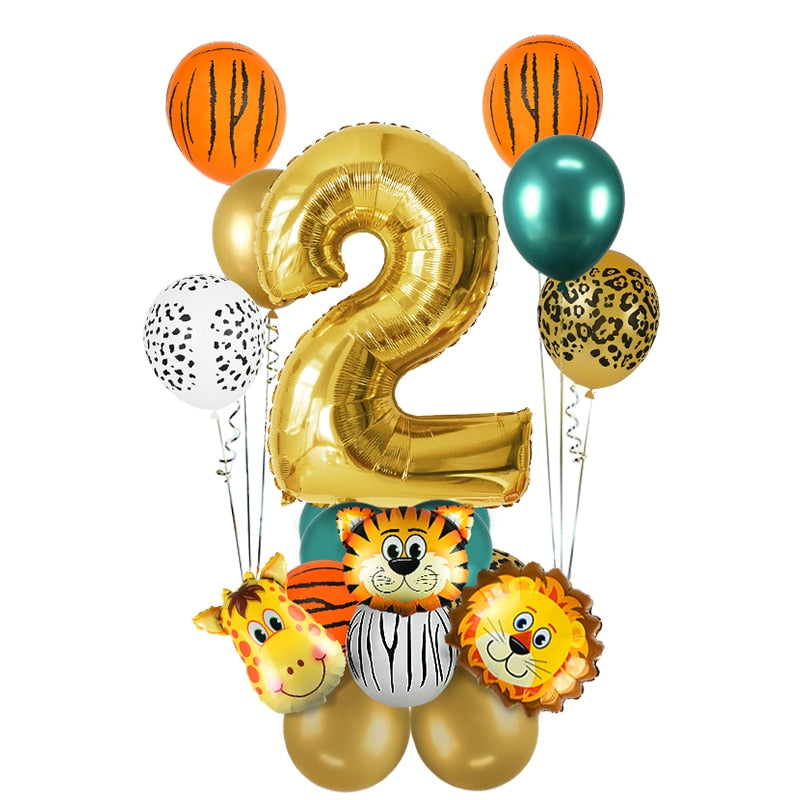 18Pcs Jungle Animal Balloons Set + Chrome Metallic Latex Balloon 32inch Gold Numbers