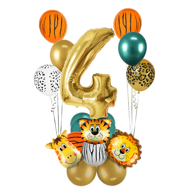 18Pcs Jungle Animal Balloons Set + Chrome Metallic Latex Balloon 32inch Gold Numbers