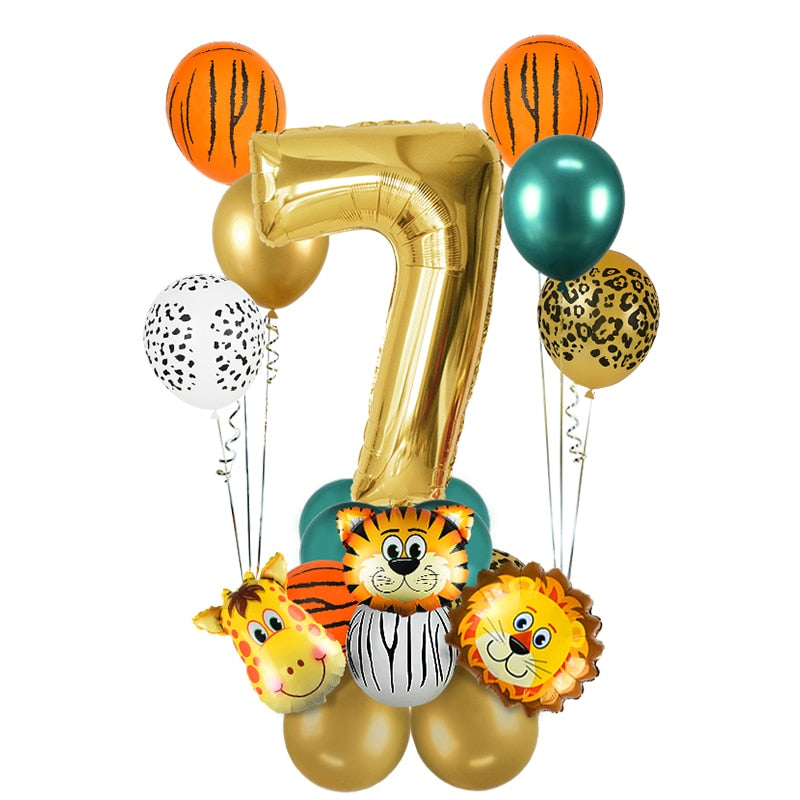 18Pcs Jungle Animal Balloons Set + Chrome Metallic Latex Balloon 32inch Gold Numbers