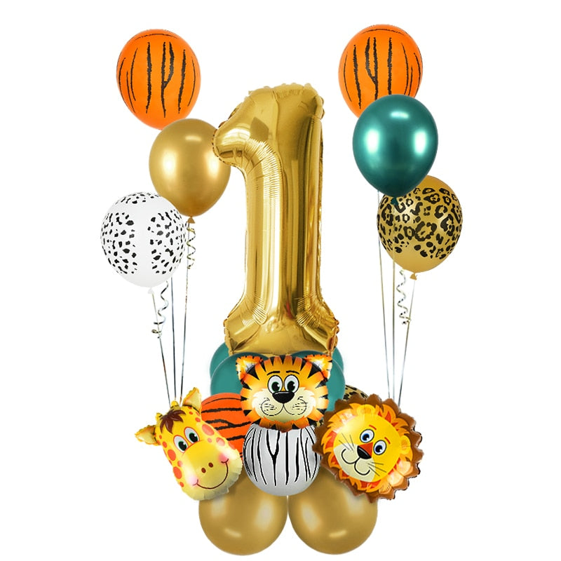 18Pcs Jungle Animal Balloons Set + Chrome Metallic Latex Balloon 32inch Gold Numbers