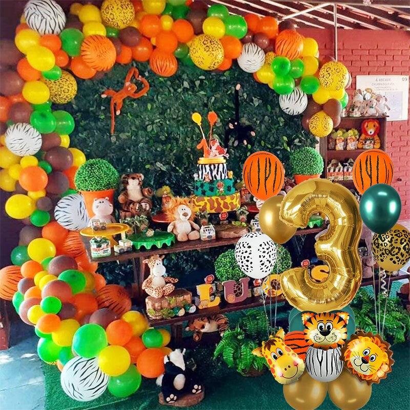 18Pcs Jungle Animal Balloons Set + Chrome Metallic Latex Balloon 32inch Gold Numbers