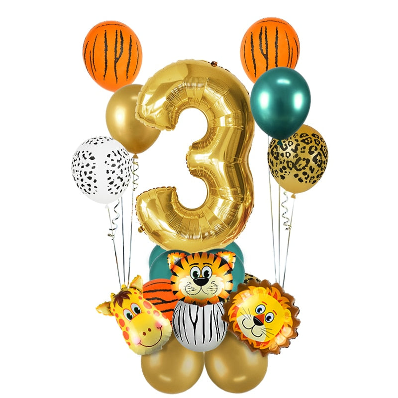 18Pcs Jungle Animal Balloons Set + Chrome Metallic Latex Balloon 32inch Gold Numbers