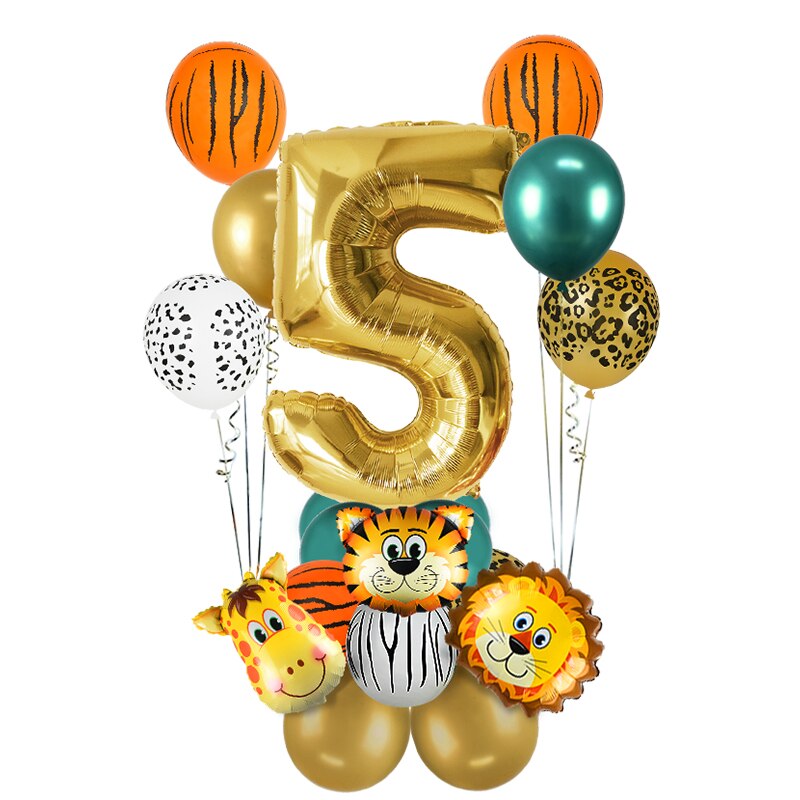 18Pcs Jungle Animal Balloons Set + Chrome Metallic Latex Balloon 32inch Gold Numbers