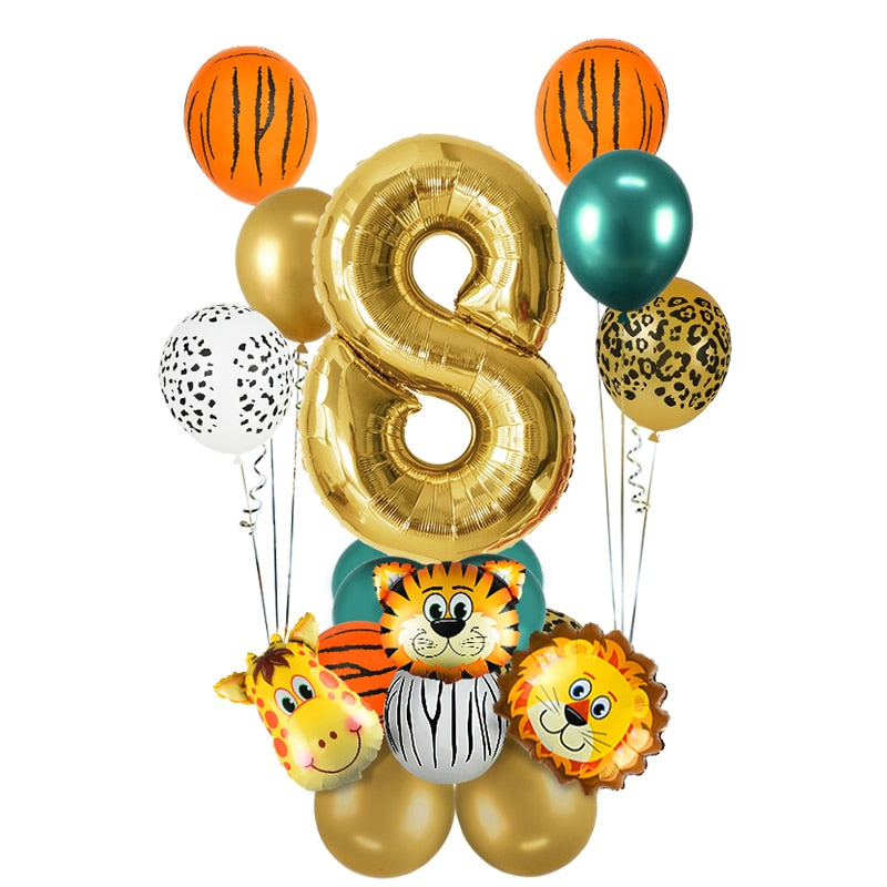 18Pcs Jungle Animal Balloons Set + Chrome Metallic Latex Balloon 32inch Gold Numbers