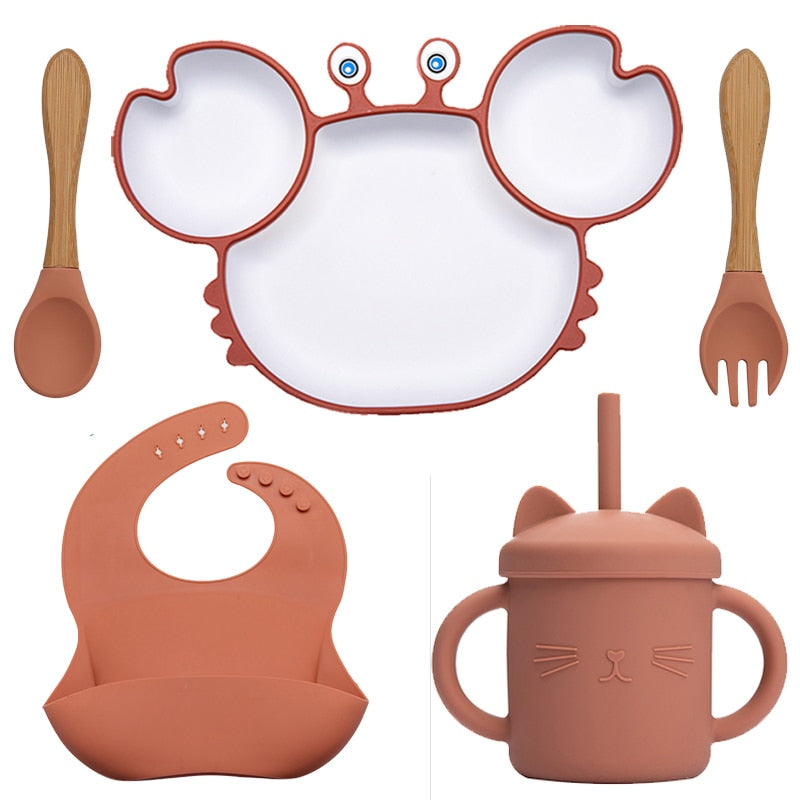 Bowls, Plates and Spoons Set Crab Design Silicone Feeding Non-Slip