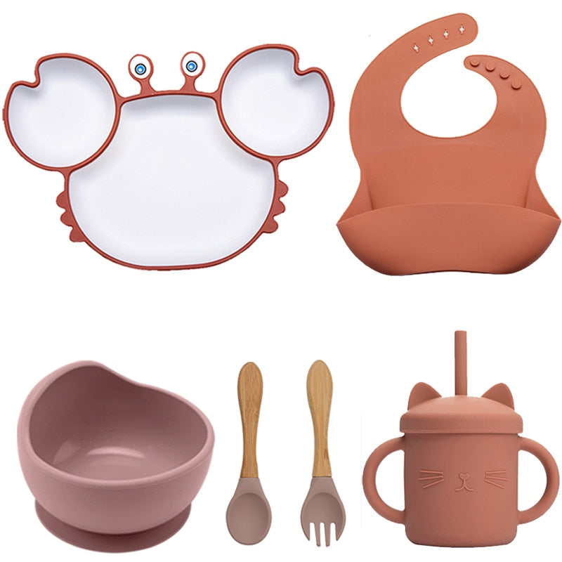 Bowls, Plates and Spoons Set Crab Design Silicone Feeding Non-Slip