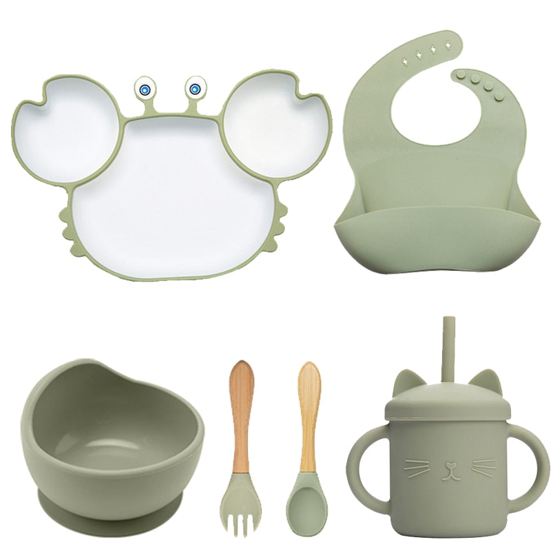 Bowls, Plates and Spoons Set Crab Design Silicone Feeding Non-Slip