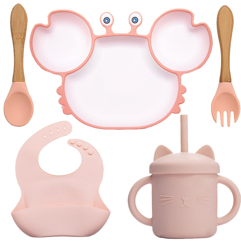 Bowls, Plates and Spoons Set Crab Design Silicone Feeding Non-Slip