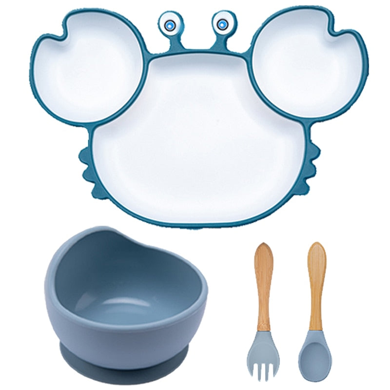 Bowls, Plates and Spoons Set Crab Design Silicone Feeding Non-Slip