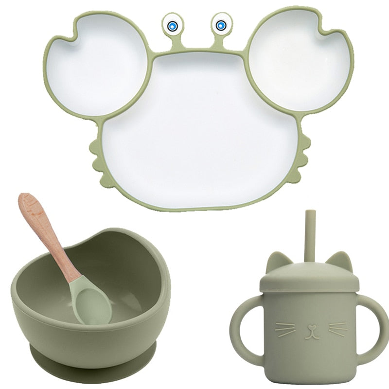Bowls, Plates and Spoons Set Crab Design Silicone Feeding Non-Slip