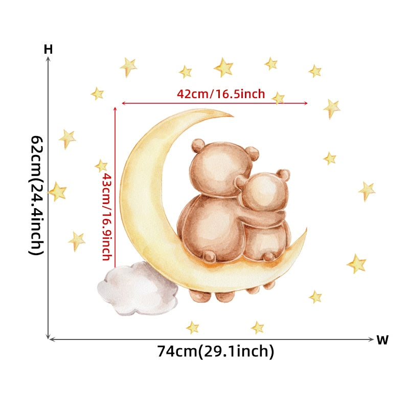 Teddy Bear and Elephant on the Moon and Stars Wall Stickers