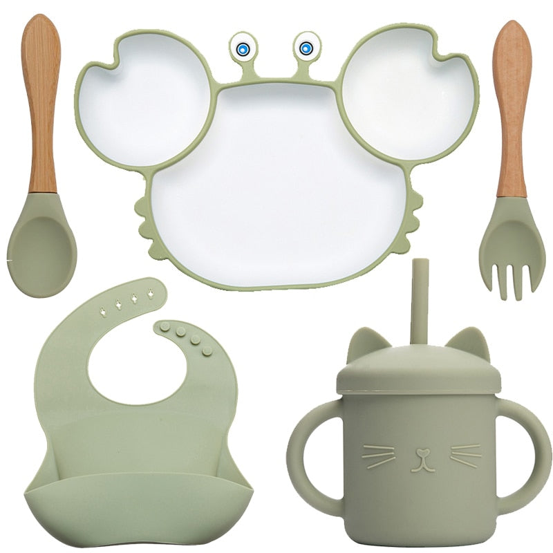 Bowls, Plates and Spoons Set Crab Design Silicone Feeding Non-Slip