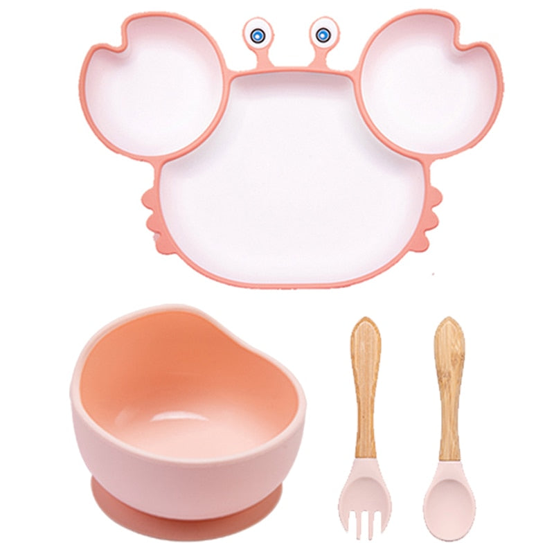Bowls, Plates and Spoons Set Crab Design Silicone Feeding Non-Slip