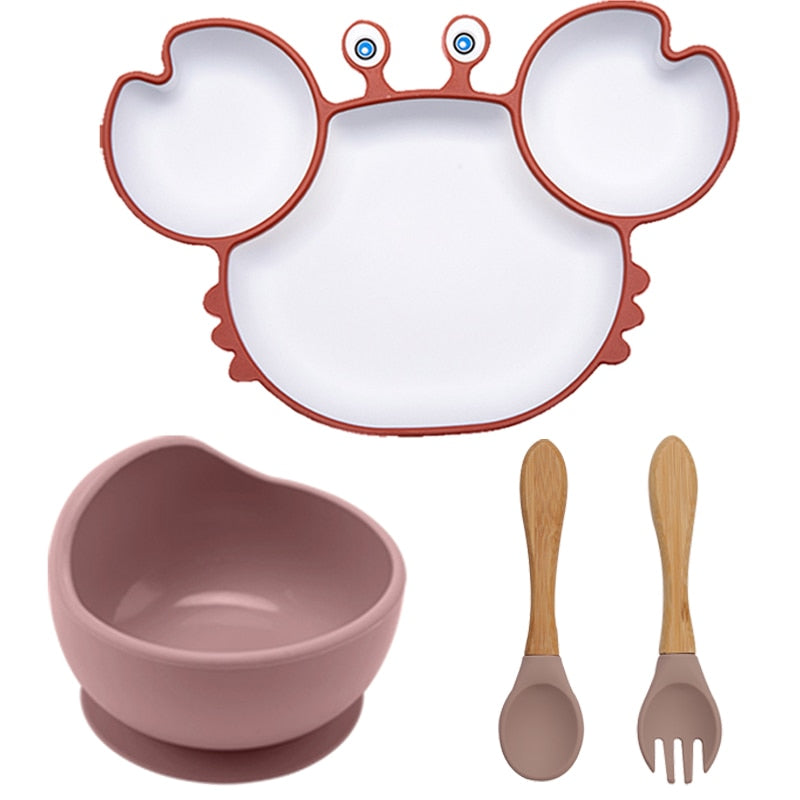 Bowls, Plates and Spoons Set Crab Design Silicone Feeding Non-Slip