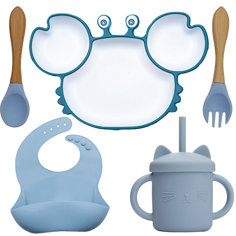 Bowls, Plates and Spoons Set Crab Design Silicone Feeding Non-Slip