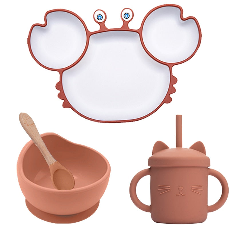 Bowls, Plates and Spoons Set Crab Design Silicone Feeding Non-Slip