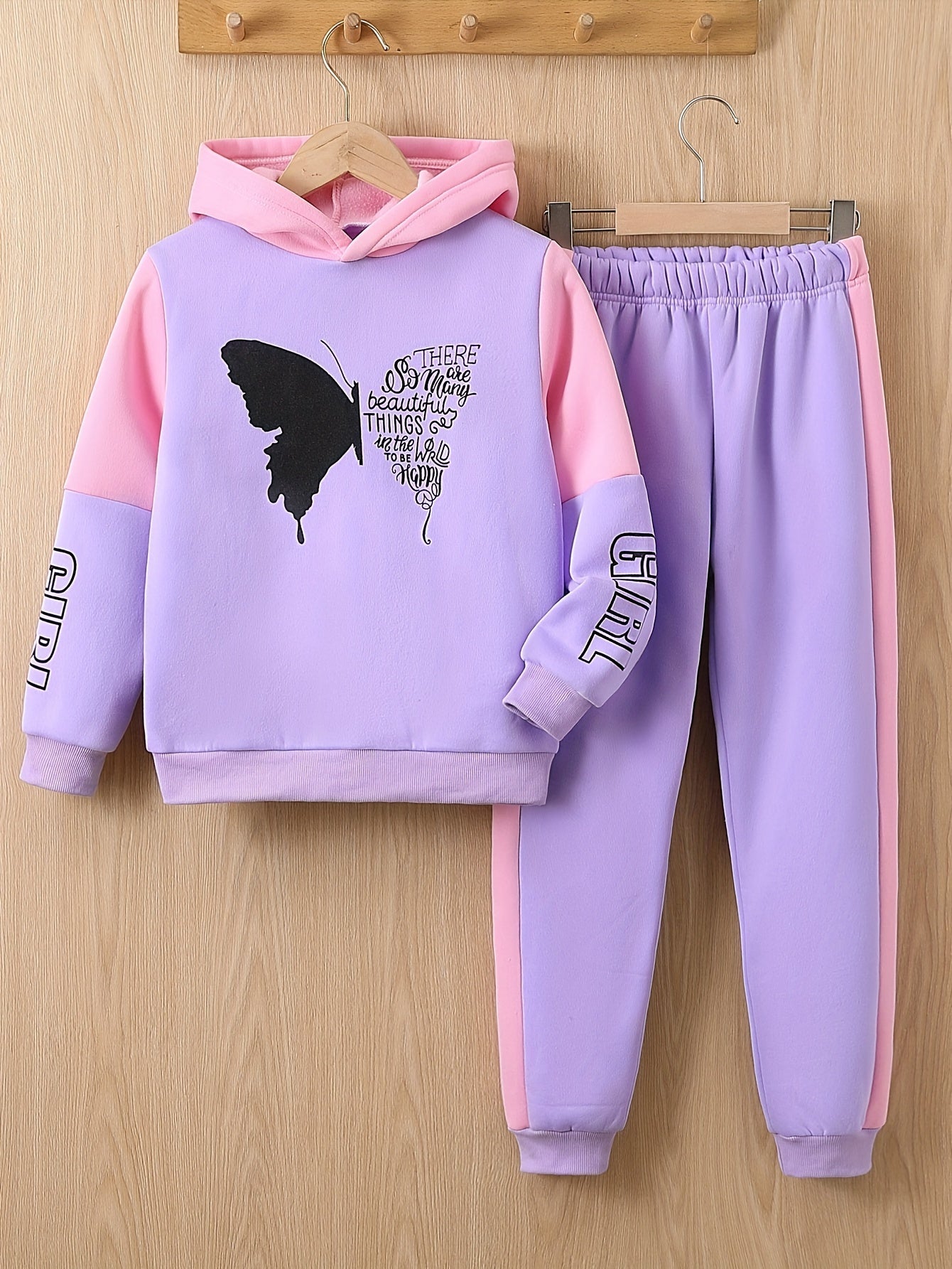Girls 2-pcs Butterfly Print Fleece Hooded Sweatshirt For 4-12 Years Old,