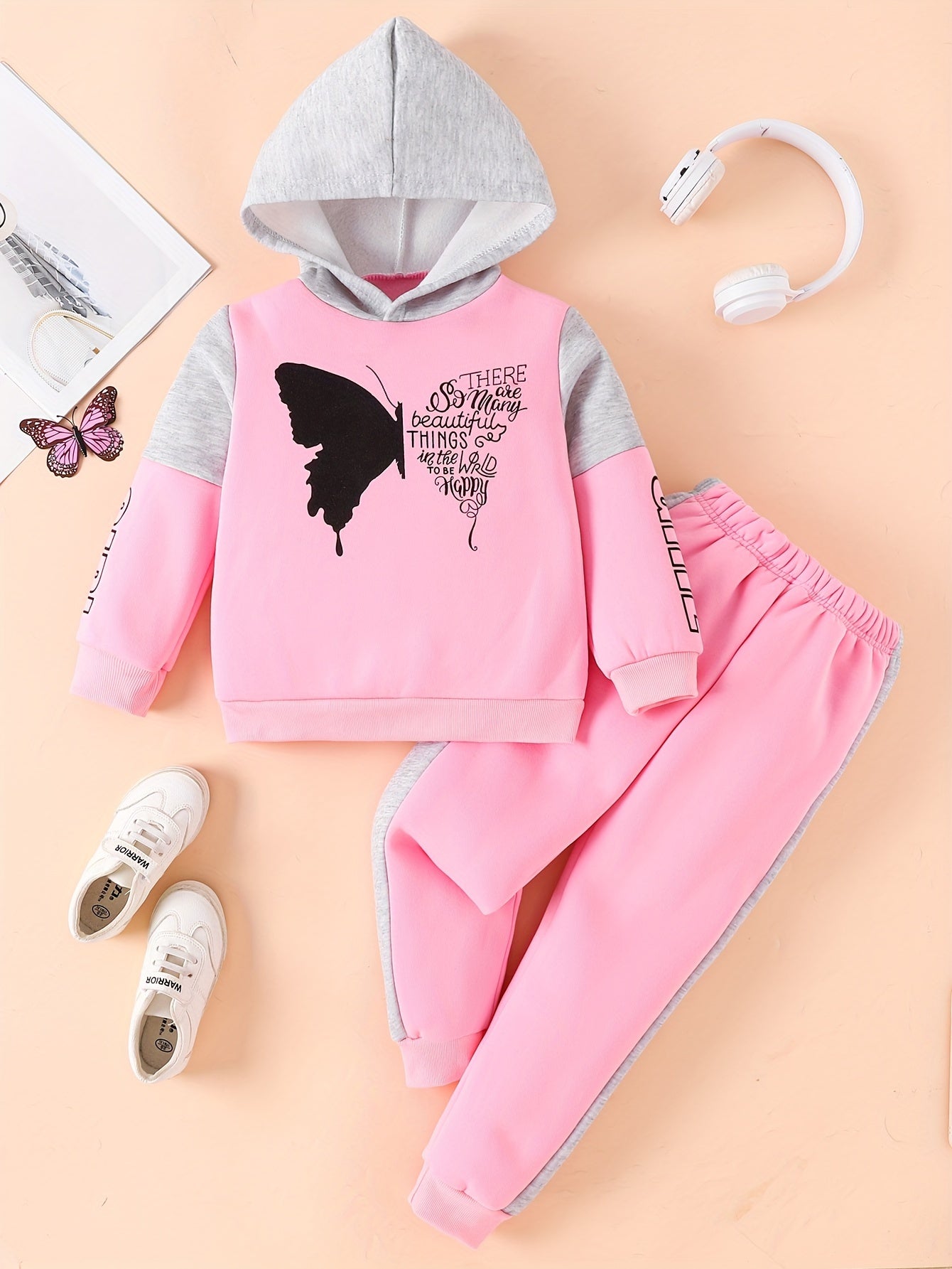 Girls 2-pcs Butterfly Print Fleece Hooded Sweatshirt For 4-12 Years Old,
