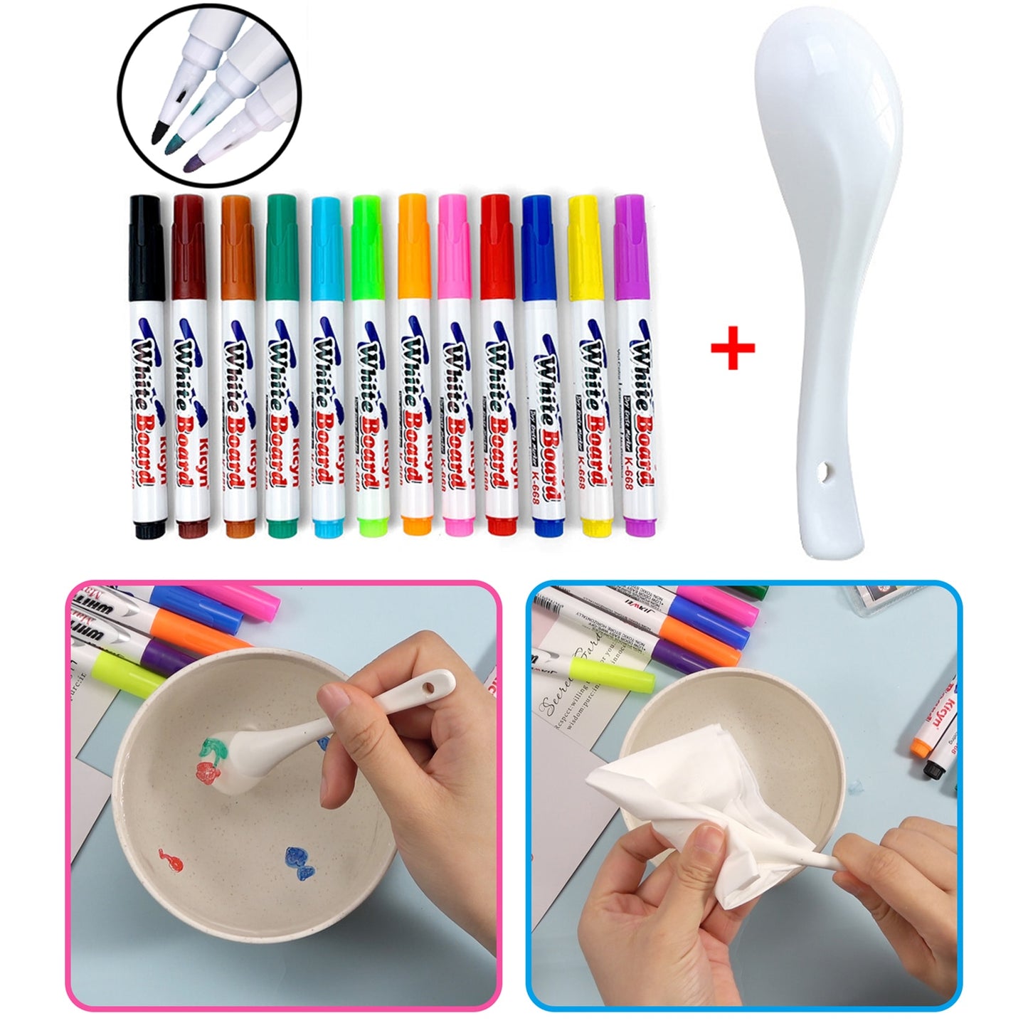 8/12 Colors Magical Water Painting Pen Set Whiteboard Markers and Ceramic Spoon