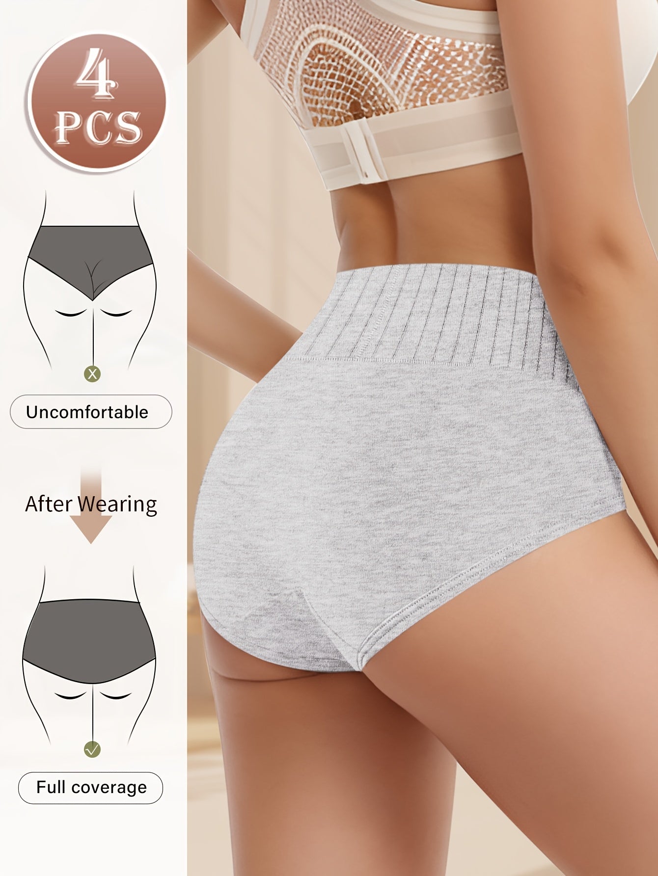 4pcs High Waist Tummy Control Panties, Breathable