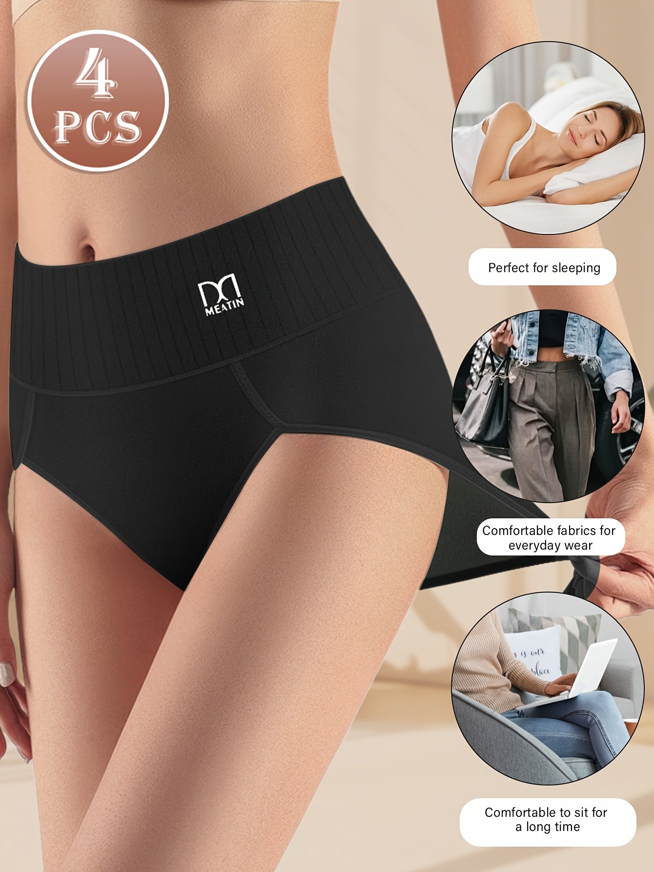 4pcs High Waist Tummy Control Panties, Breathable