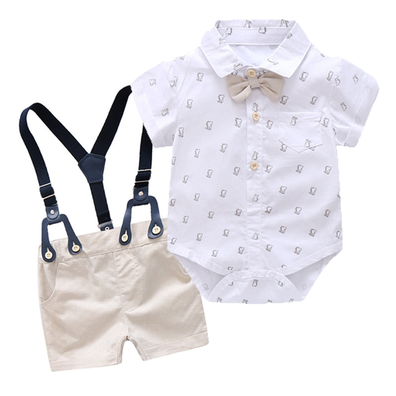 Soft Cotton Solid Romper, Pants and Suspenders Toddler Set