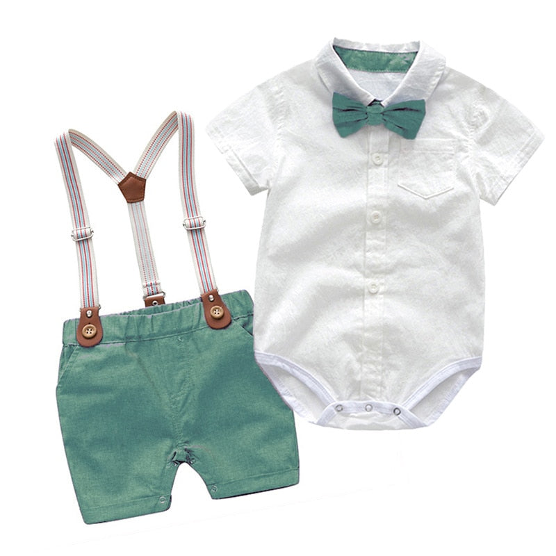 Soft Cotton Solid Romper, Pants and Suspenders Toddler Set