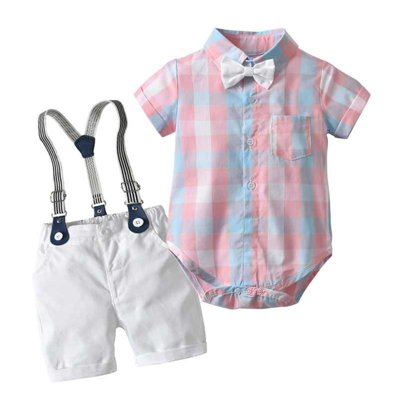 Soft Cotton Solid Romper, Pants and Suspenders Toddler Set