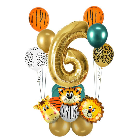 18Pcs Jungle Animal Balloons Set + Chrome Metallic Latex Balloon 32inch Gold Numbers