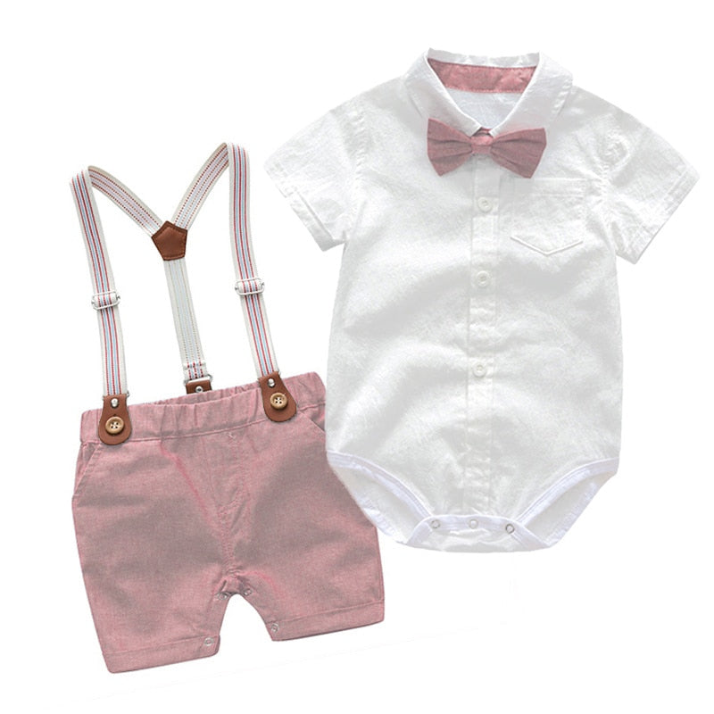 Soft Cotton Solid Romper, Pants and Suspenders Toddler Set