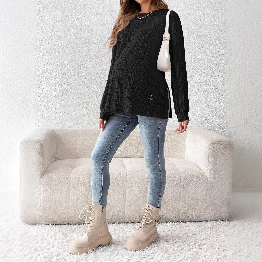 Round Neck Long Sleeve Monochrome Pullover For Pregnant