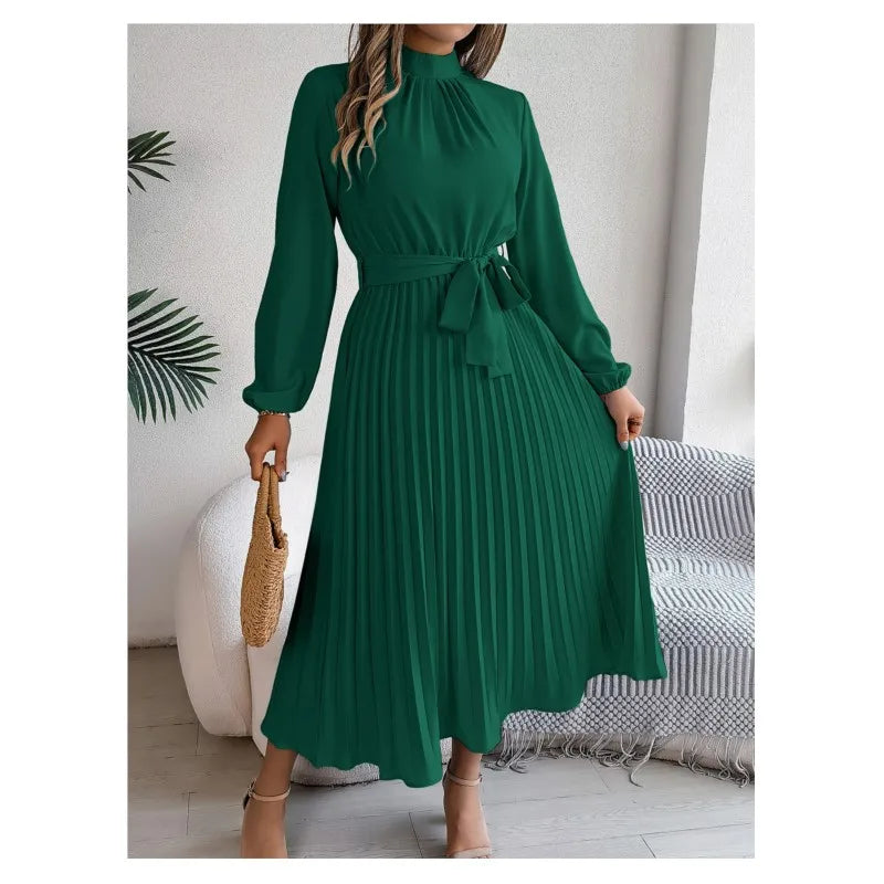 Long Sleeved Waist Cinched Pleated Long Skirt