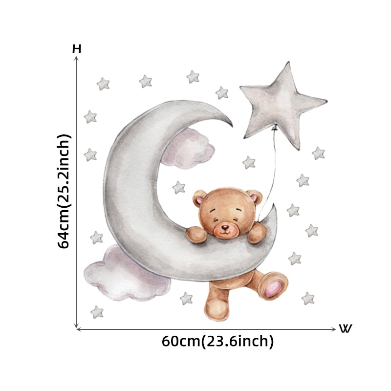 Teddy Bear and Elephant on the Moon and Stars Wall Stickers