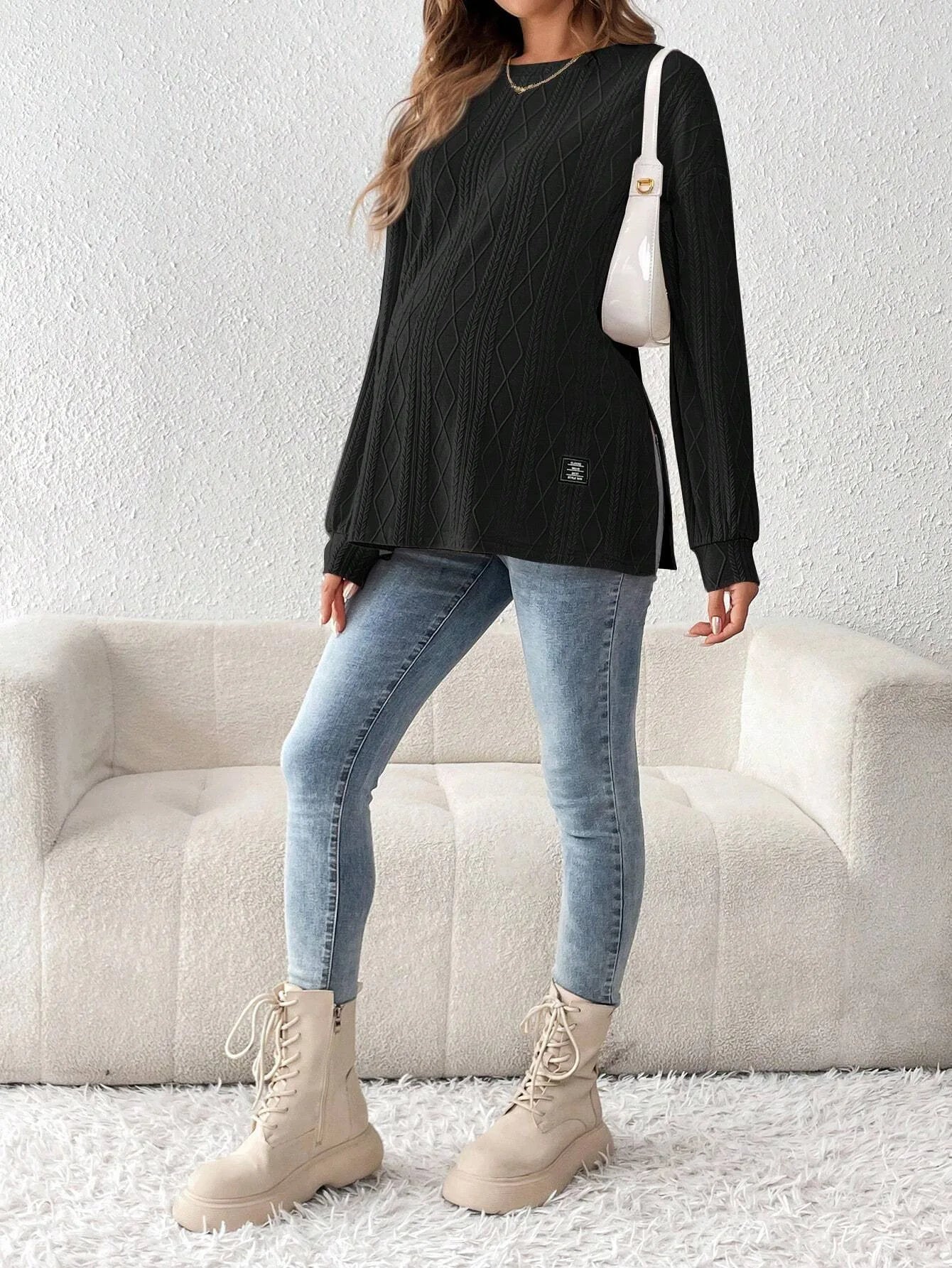 Round Neck Long Sleeve Monochrome Pullover For Pregnant