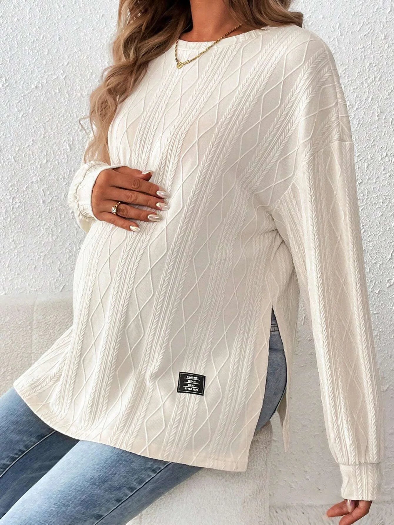 Round Neck Long Sleeve Monochrome Pullover For Pregnant