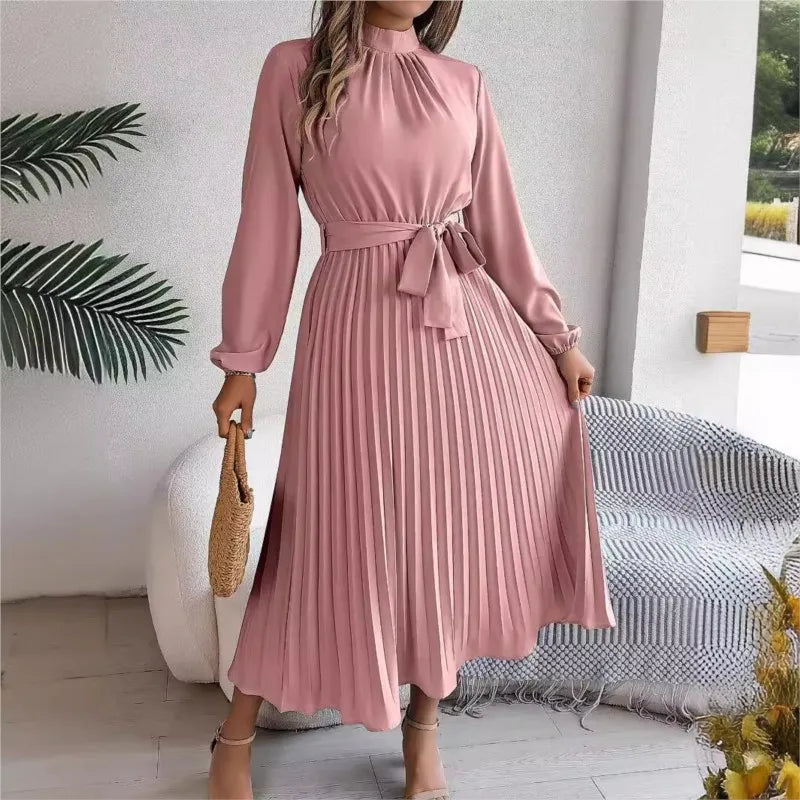 Long Sleeved Waist Cinched Pleated Long Skirt