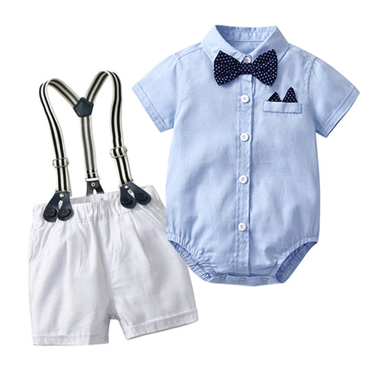 Soft Cotton Solid Romper, Pants and Suspenders Toddler Set