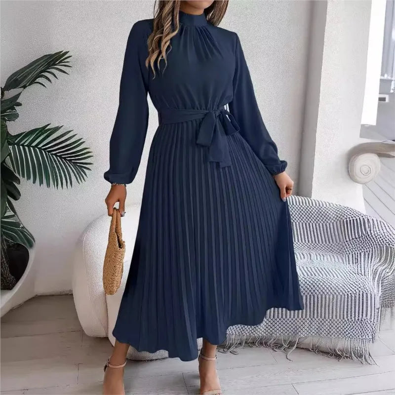 Long Sleeved Waist Cinched Pleated Long Skirt