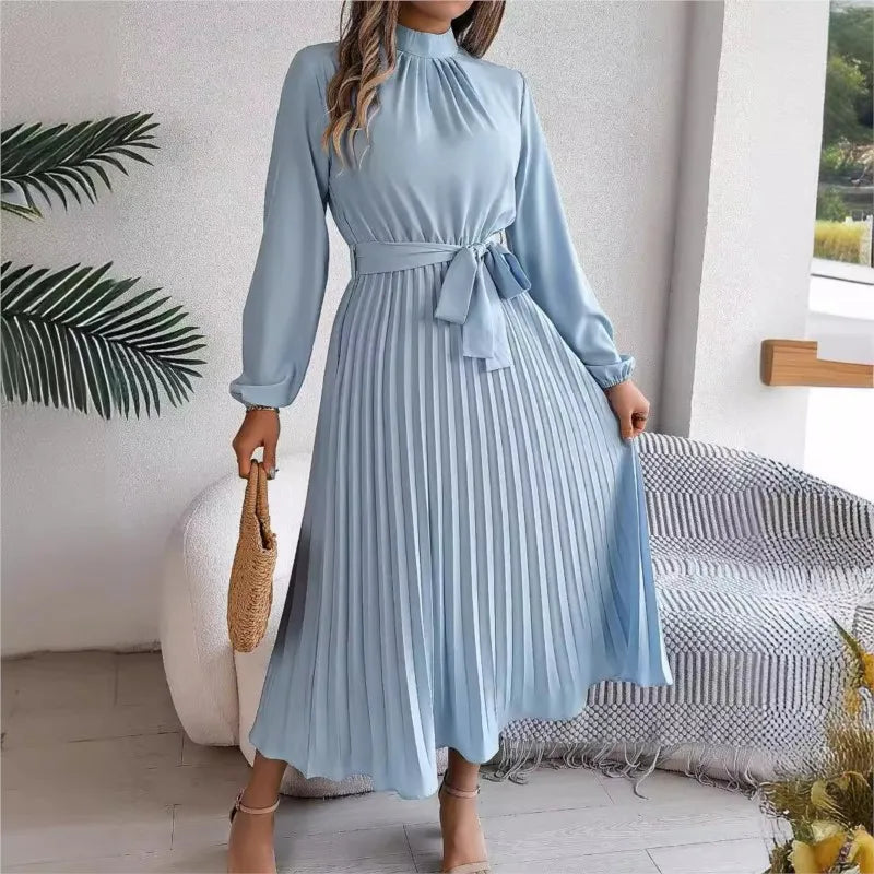 Long Sleeved Waist Cinched Pleated Long Skirt