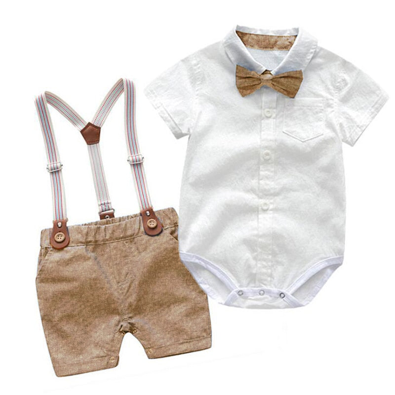 Soft Cotton Solid Romper, Pants and Suspenders Toddler Set