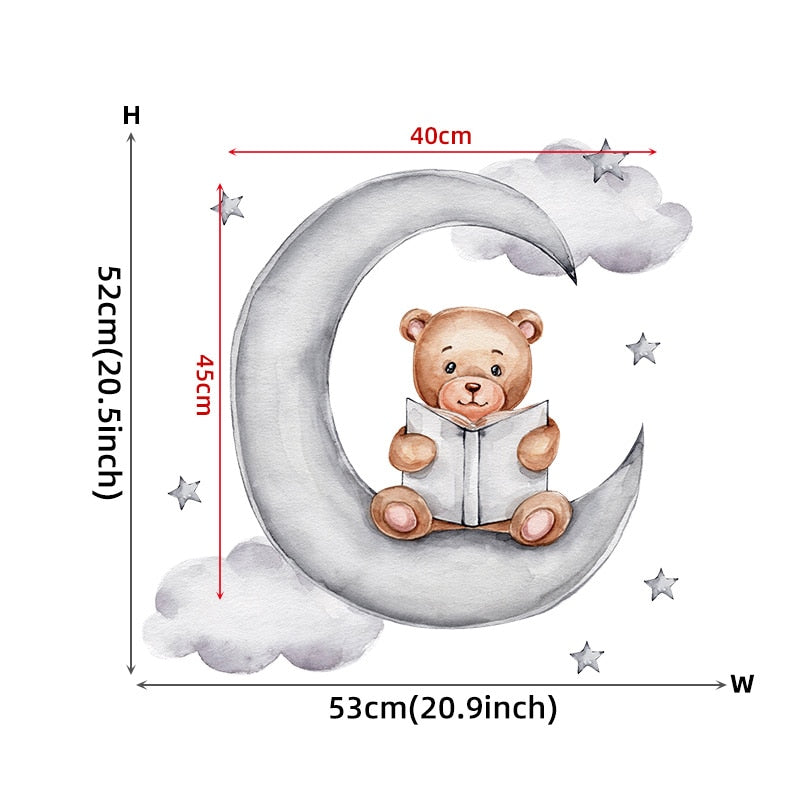 Teddy Bear and Elephant on the Moon and Stars Wall Stickers