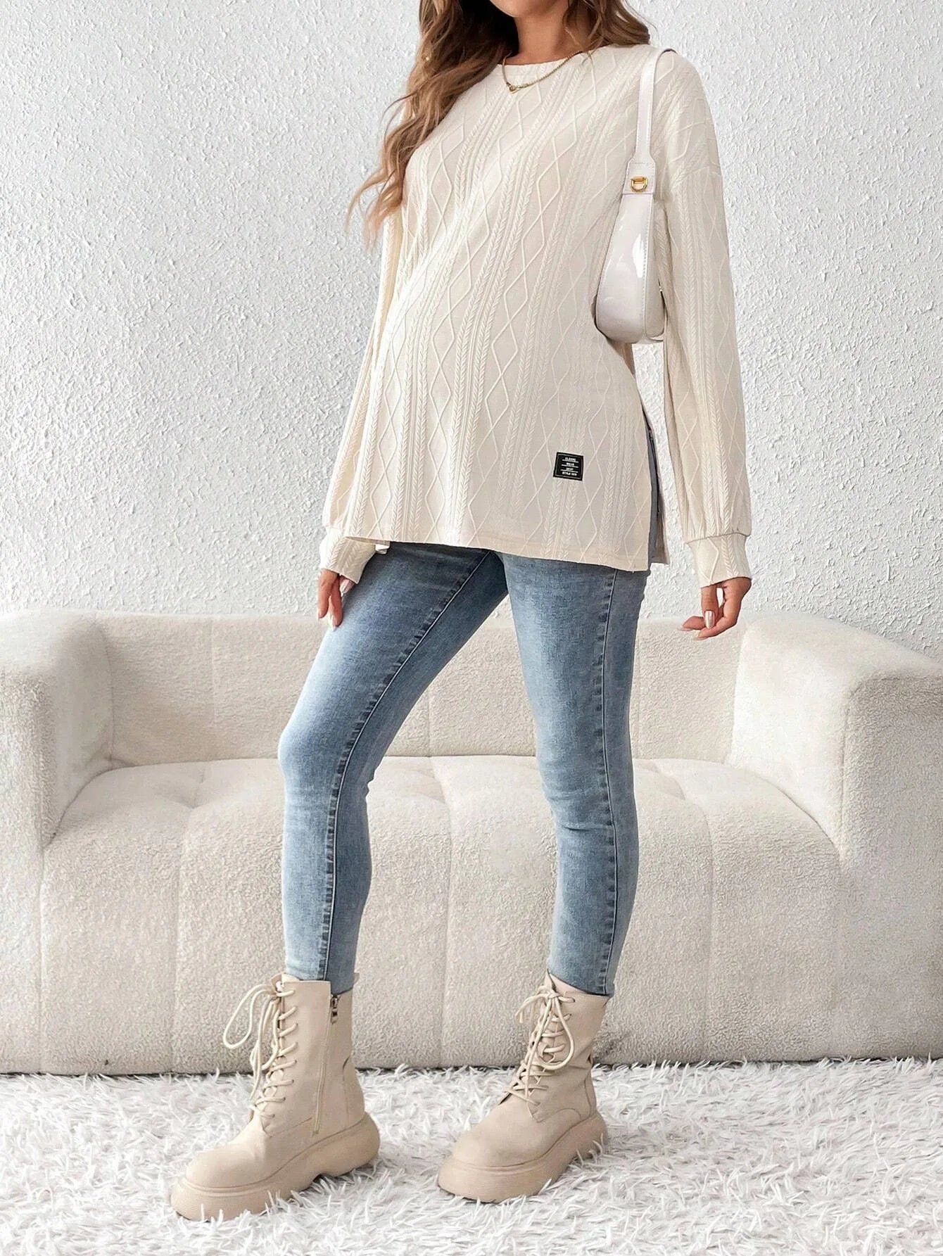 Round Neck Long Sleeve Monochrome Pullover For Pregnant